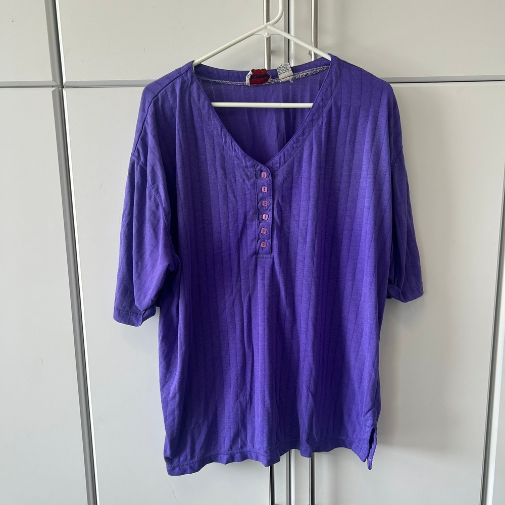 Vintage Separate Issue Purple Ribbed Henley Top Short Sleeve Plus Size 24W-44